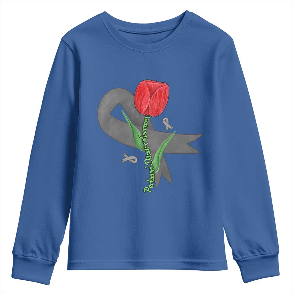 Parkinson's Support Youth Sweatshirt Gray Ribbon Tulips Parkinsons Warrior
