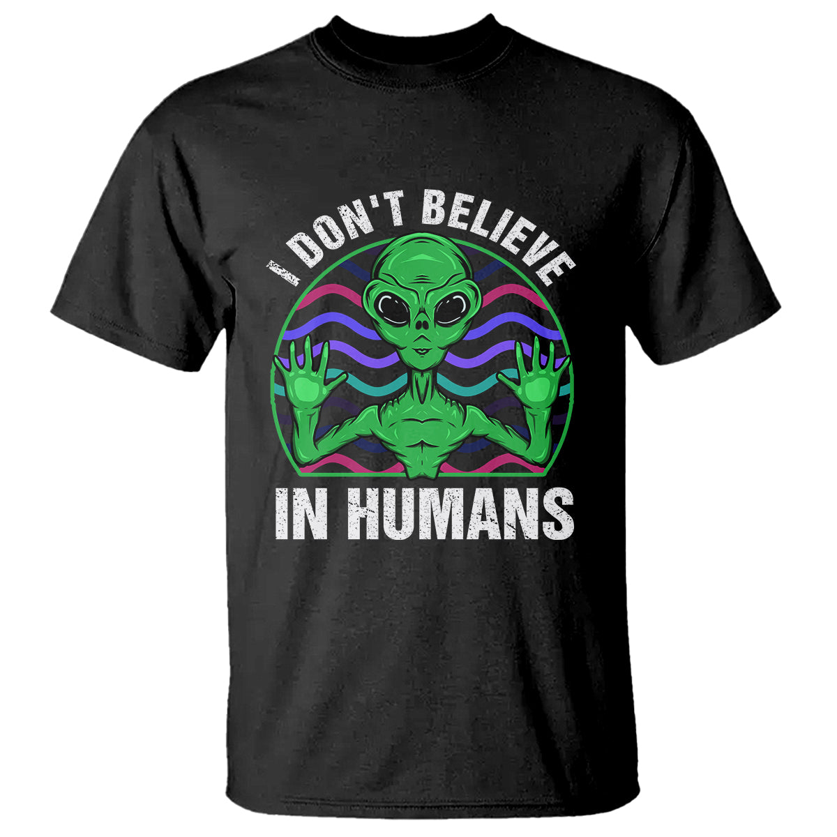 green-turquoise-alien-face-t-shirt-funny-i-dont-believe-in-human