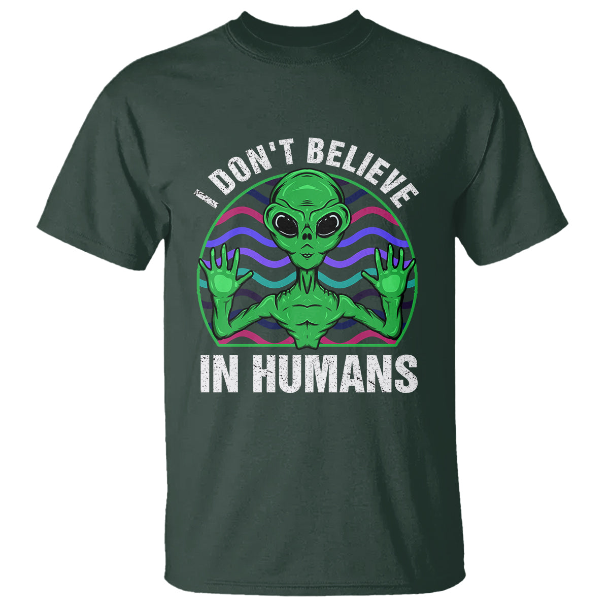 green-turquoise-alien-face-t-shirt-funny-i-dont-believe-in-human