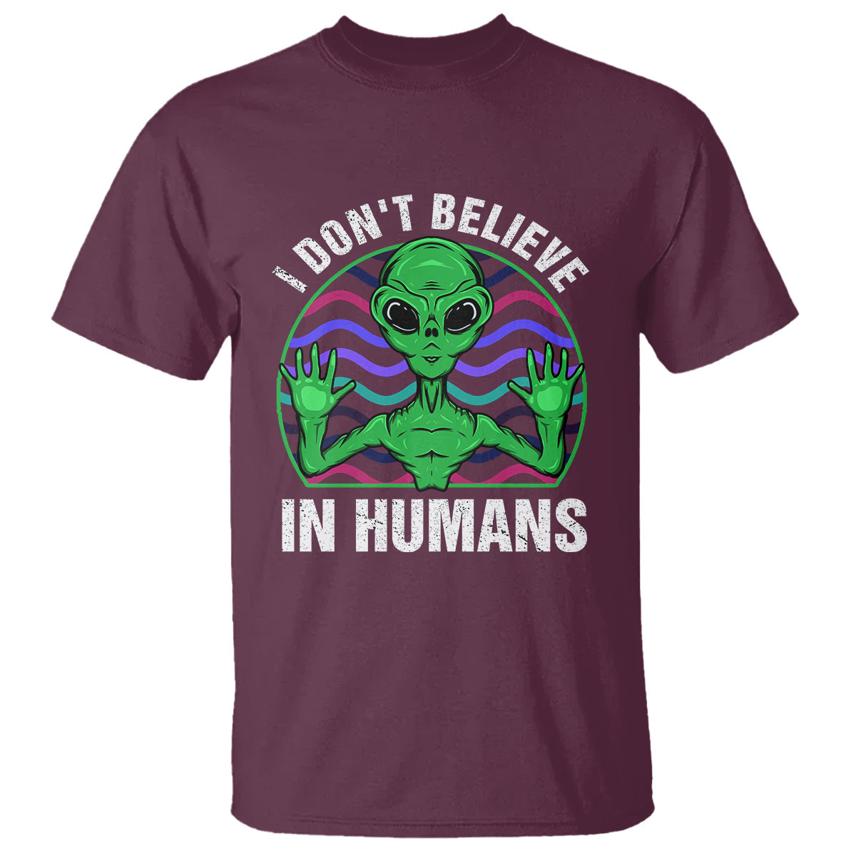 green-turquoise-alien-face-t-shirt-funny-i-dont-believe-in-human