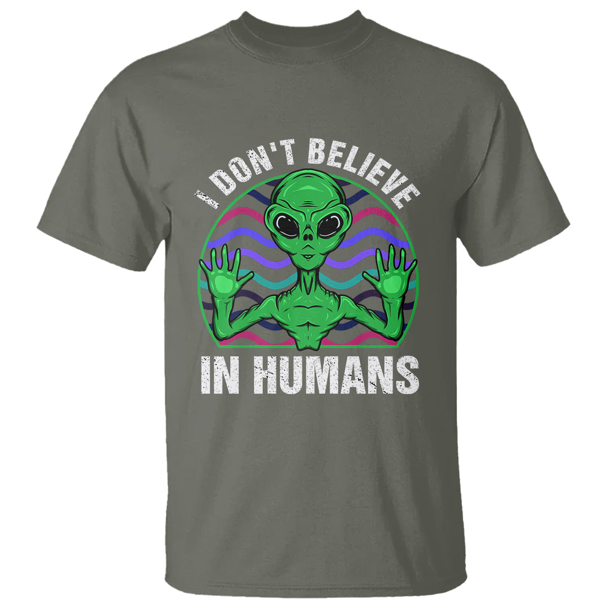 green-turquoise-alien-face-t-shirt-funny-i-dont-believe-in-human