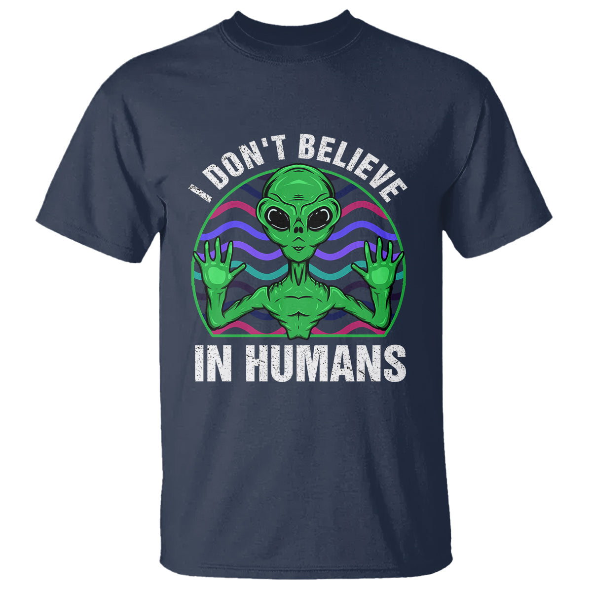 green-turquoise-alien-face-t-shirt-funny-i-dont-believe-in-human