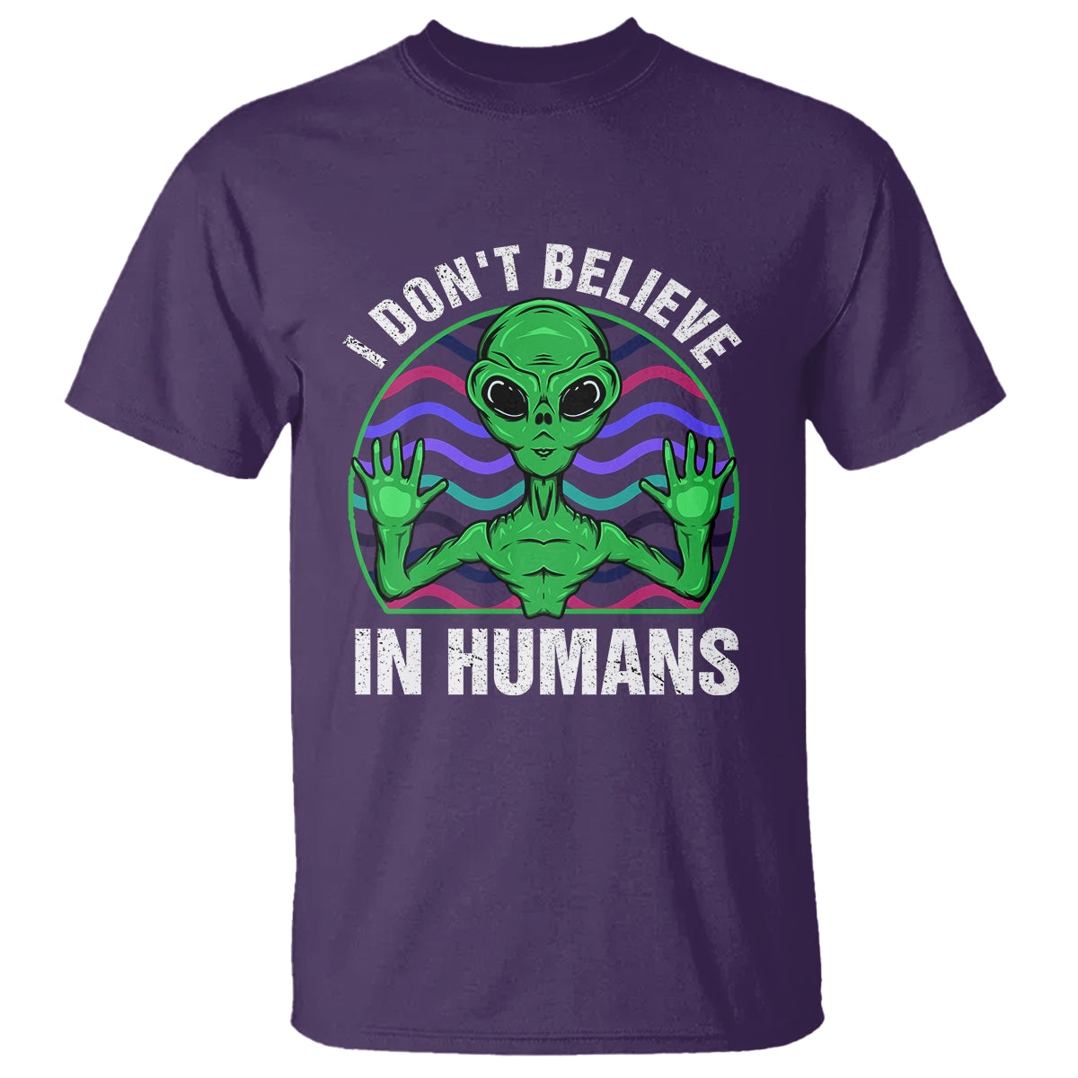 green-turquoise-alien-face-t-shirt-funny-i-dont-believe-in-human
