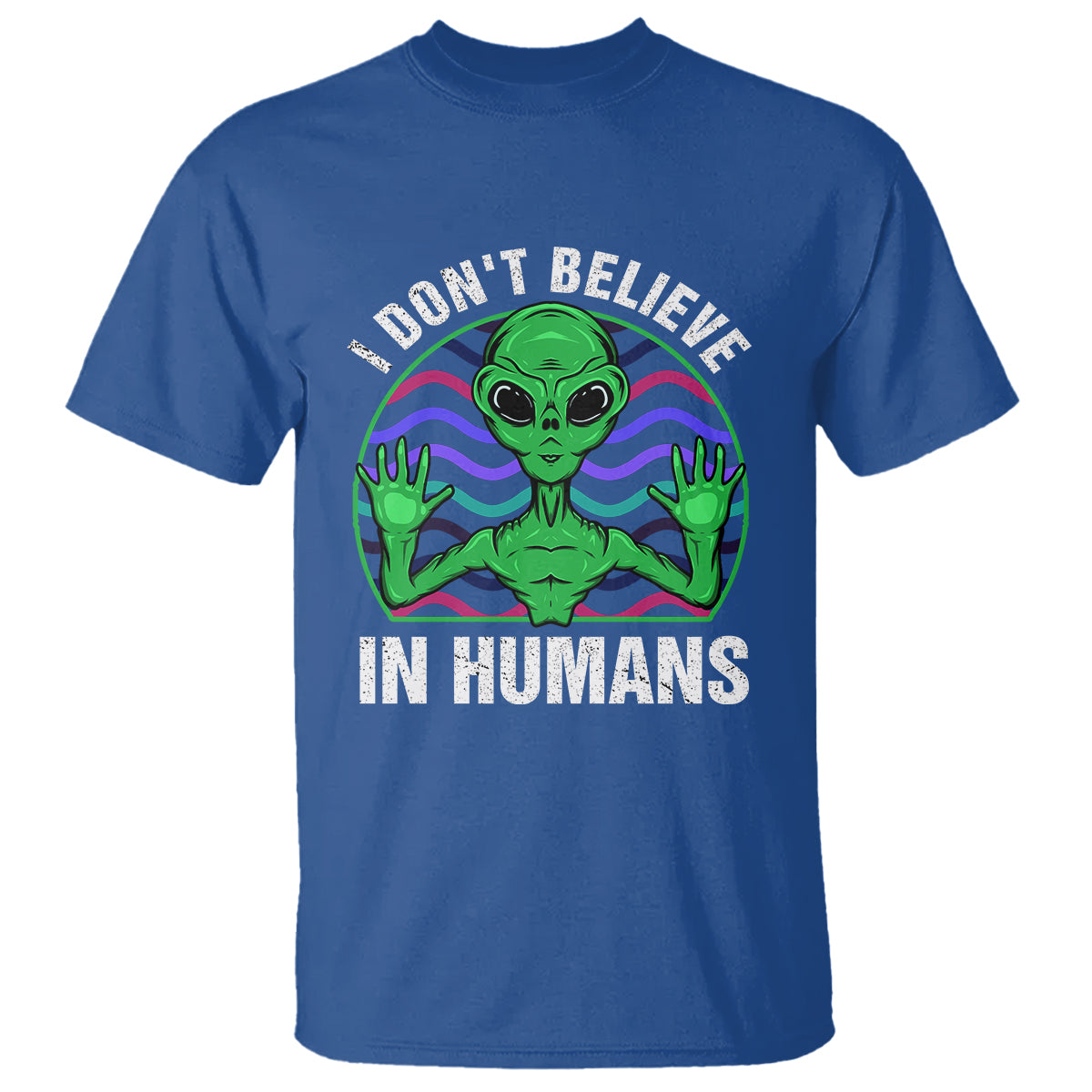 green-turquoise-alien-face-t-shirt-funny-i-dont-believe-in-human