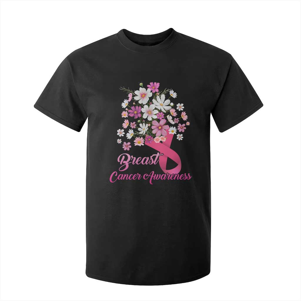 Breast Cancer Warrior Support Squad T Shirt For Kid Pink Ribbon Flower Bouquet