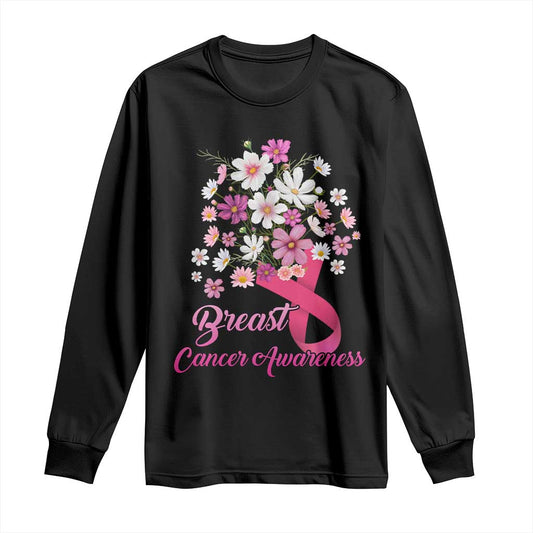 Breast Cancer Warrior Support Squad Long Sleeve Shirt Pink Ribbon Flower Bouquet