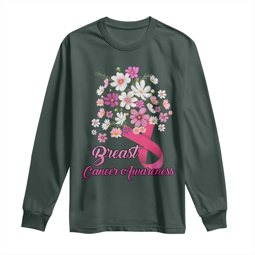 Breast Cancer Warrior Support Squad Long Sleeve Shirt Pink Ribbon Flower Bouquet