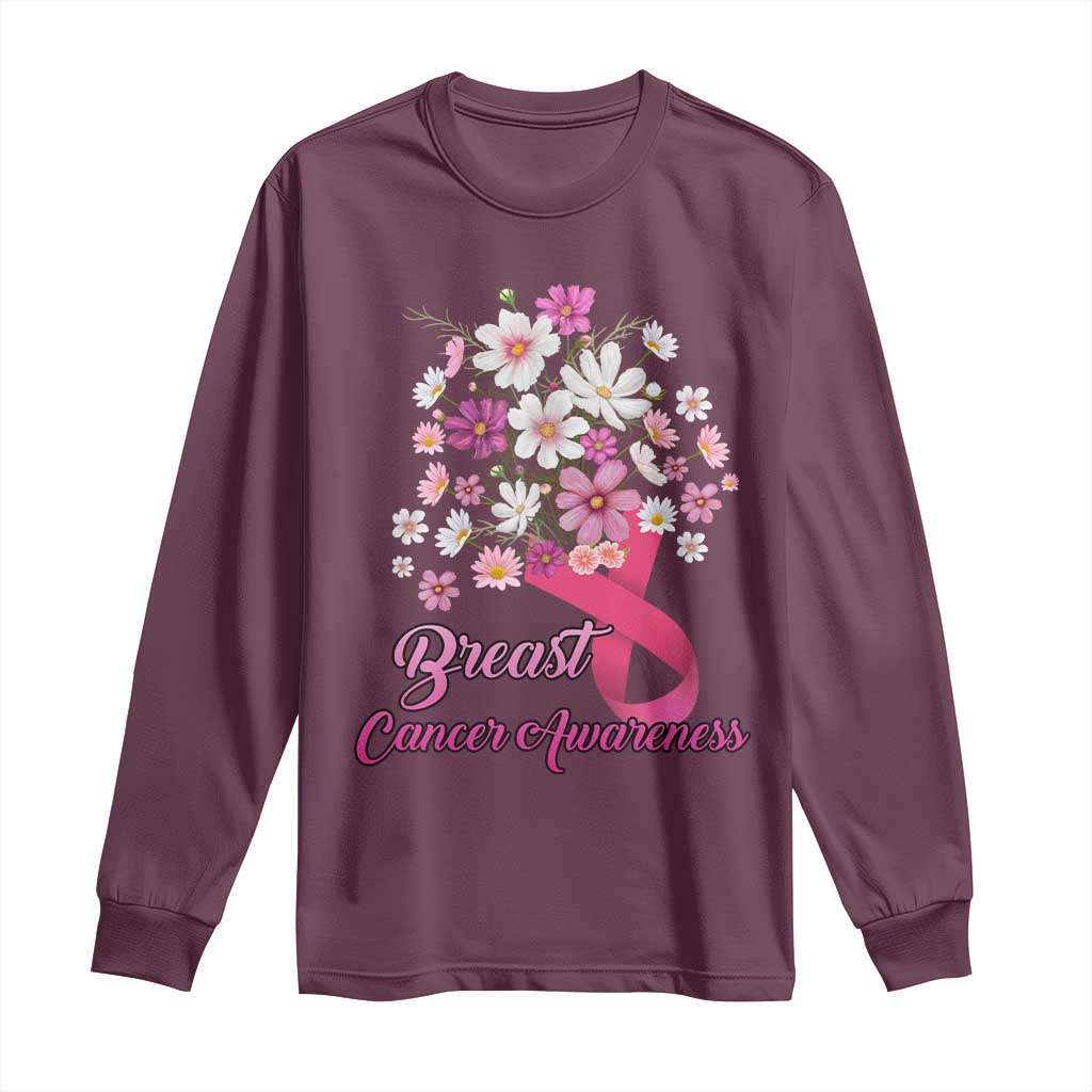 Breast Cancer Warrior Support Squad Long Sleeve Shirt Pink Ribbon Flower Bouquet