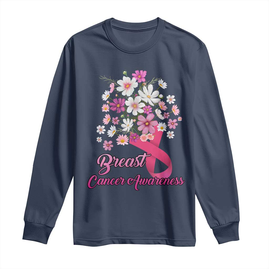 Breast Cancer Warrior Support Squad Long Sleeve Shirt Pink Ribbon Flower Bouquet