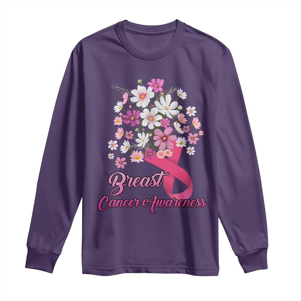 Breast Cancer Warrior Support Squad Long Sleeve Shirt Pink Ribbon Flower Bouquet