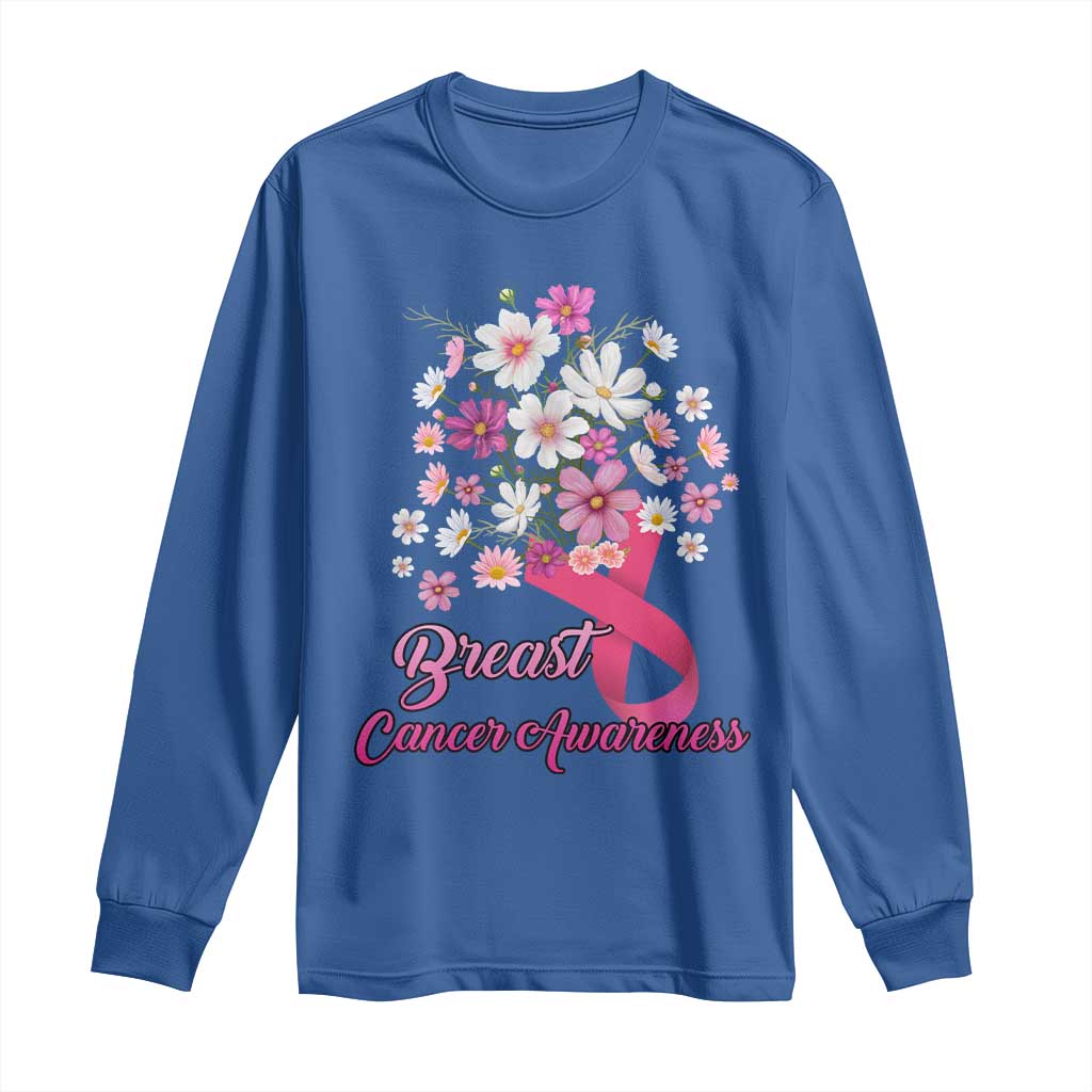 Breast Cancer Warrior Support Squad Long Sleeve Shirt Pink Ribbon Flower Bouquet