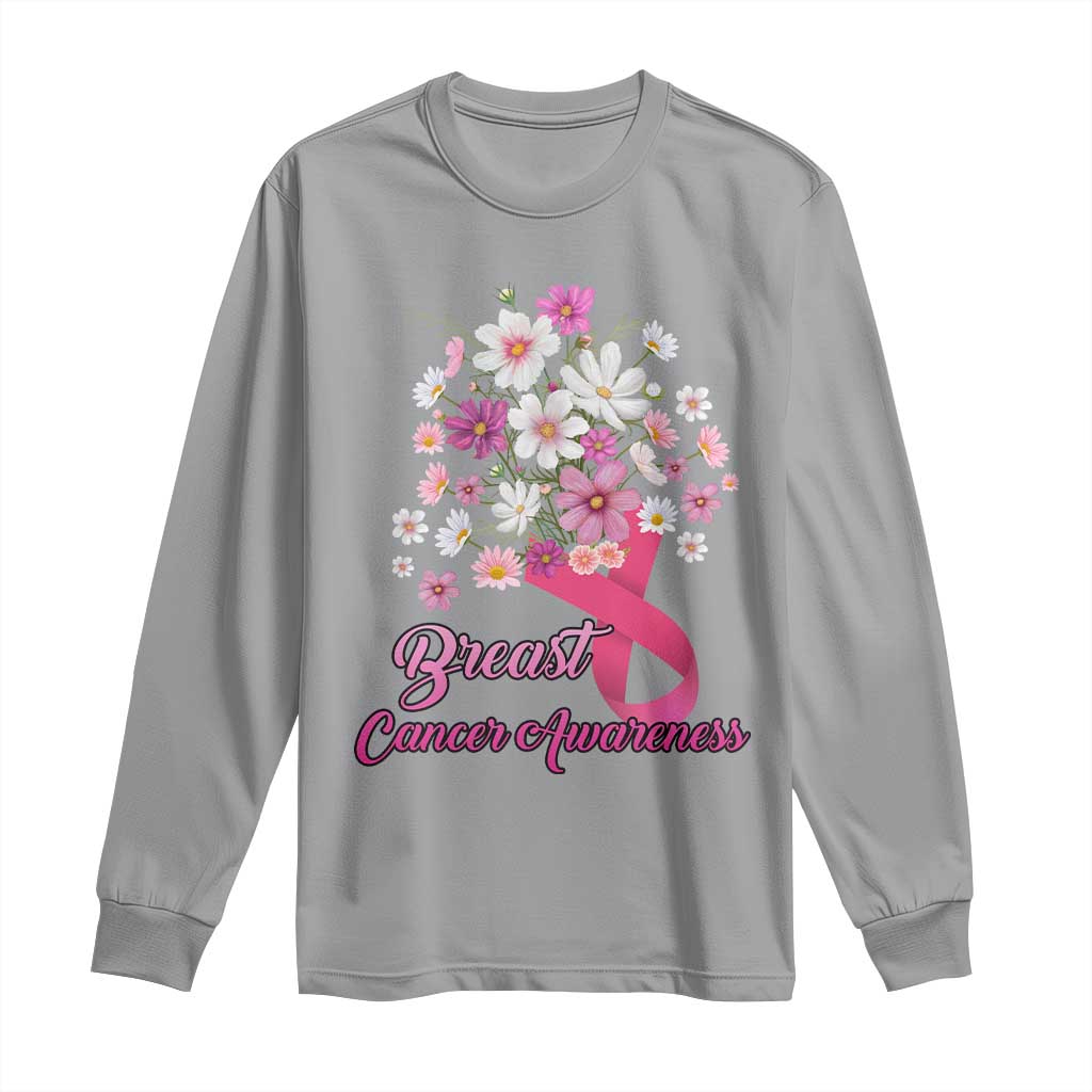 Breast Cancer Warrior Support Squad Long Sleeve Shirt Pink Ribbon Flower Bouquet