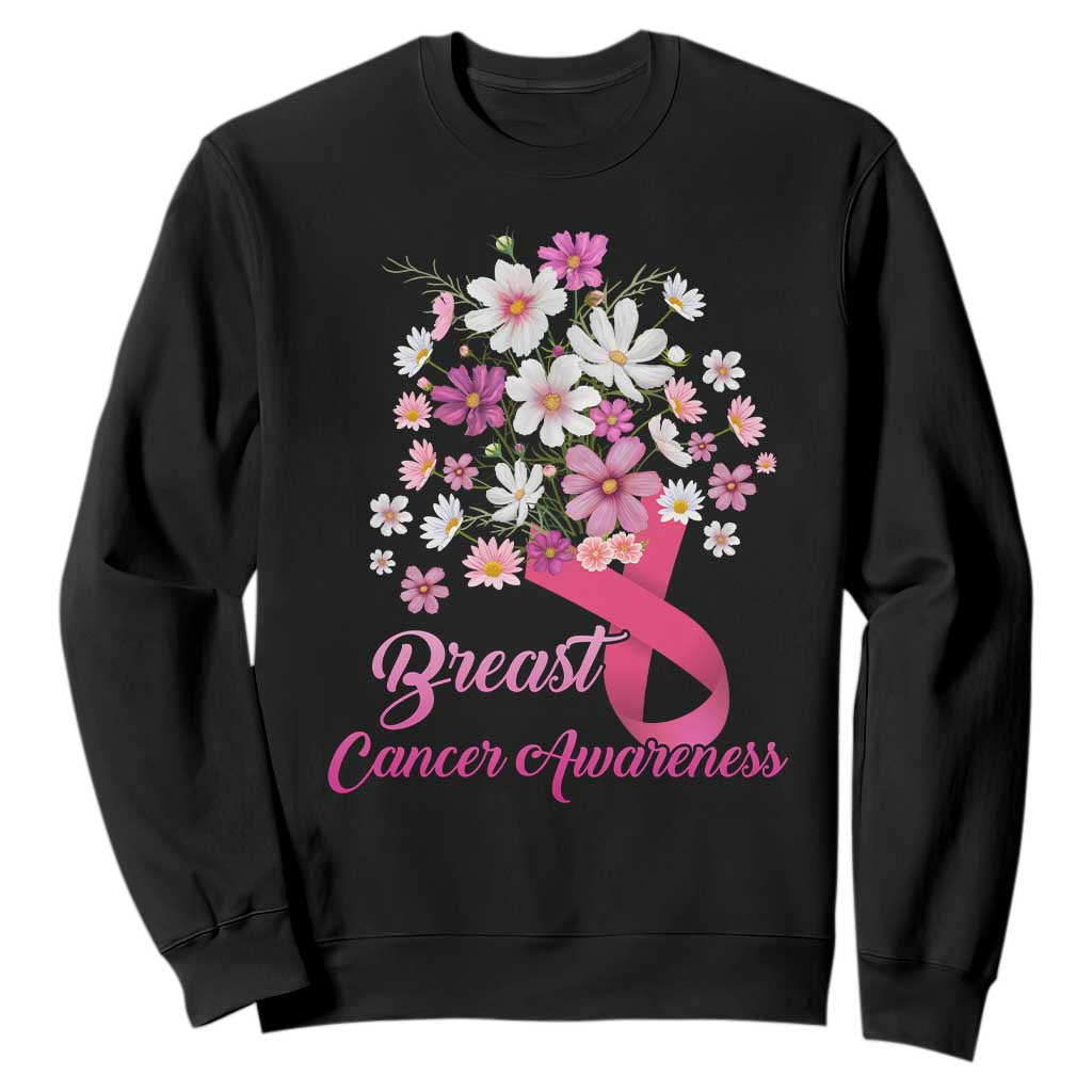 Breast Cancer Warrior Support Squad Sweatshirt Pink Ribbon Flower Bouquet