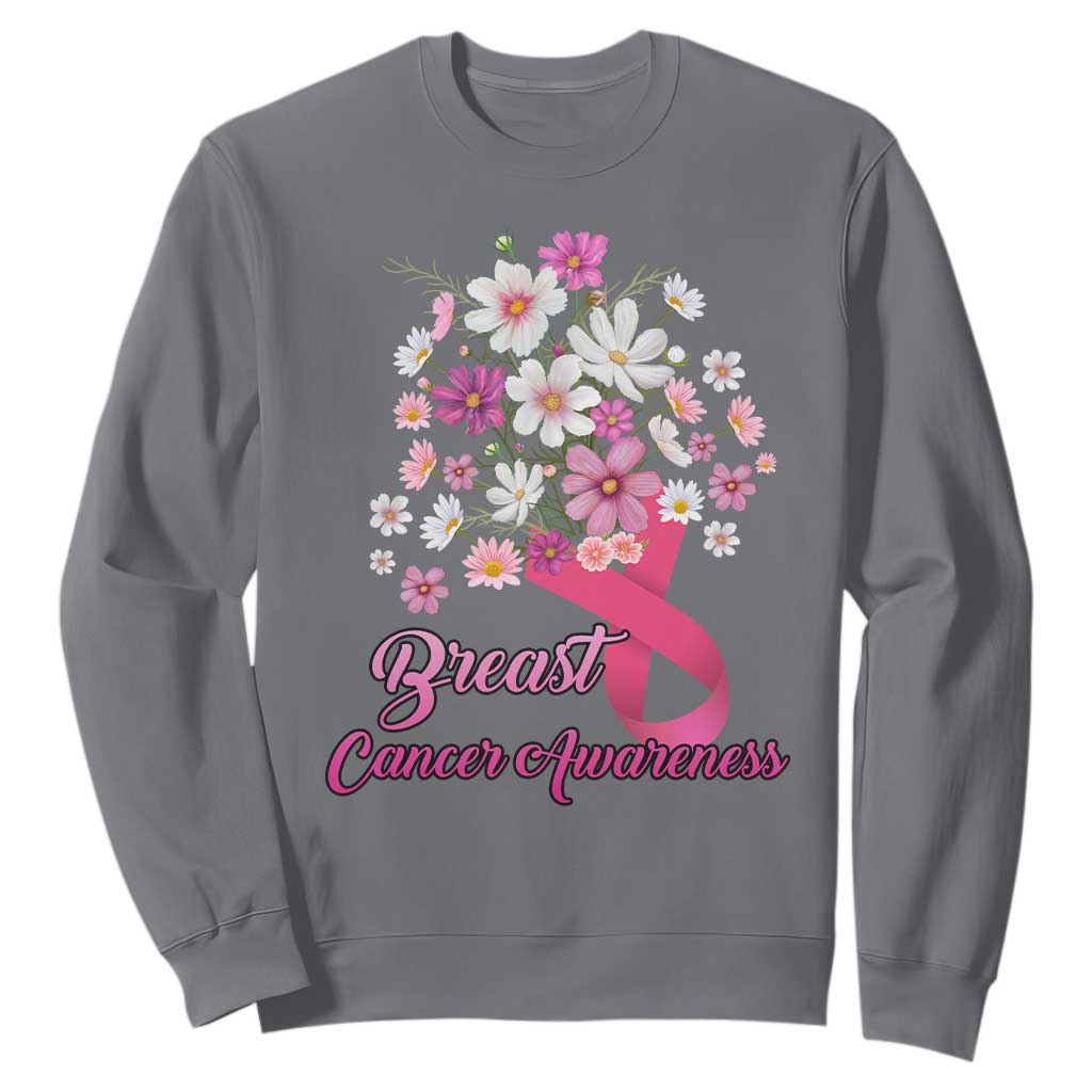 Breast Cancer Warrior Support Squad Sweatshirt Pink Ribbon Flower Bouquet
