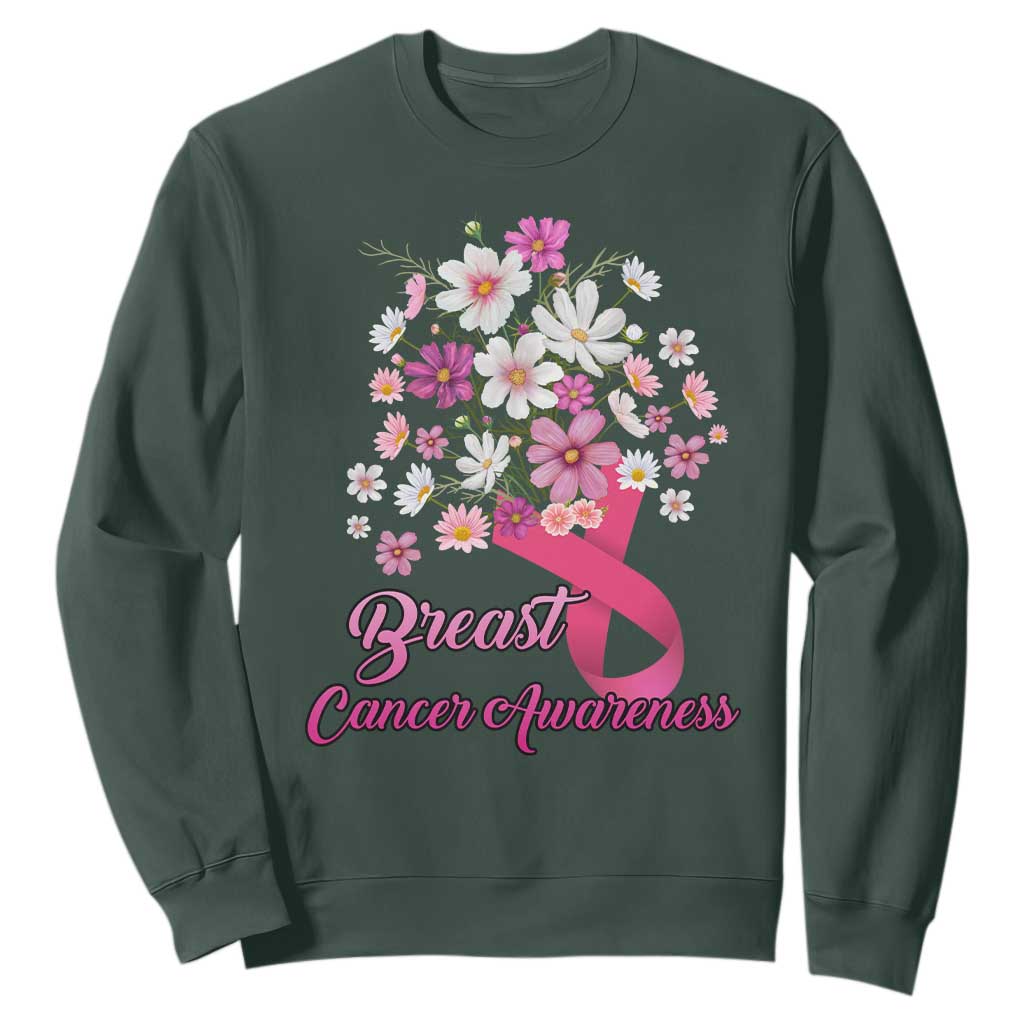 Breast Cancer Warrior Support Squad Sweatshirt Pink Ribbon Flower Bouquet