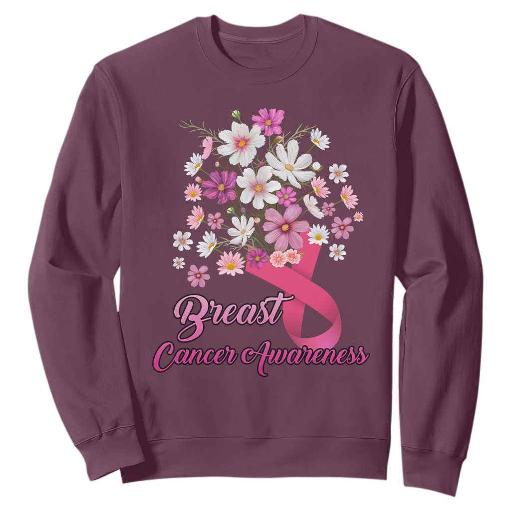 Breast Cancer Warrior Support Squad Sweatshirt Pink Ribbon Flower Bouquet