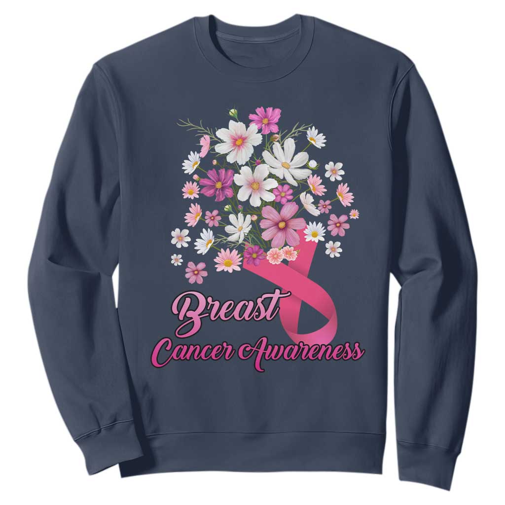 Breast Cancer Warrior Support Squad Sweatshirt Pink Ribbon Flower Bouquet