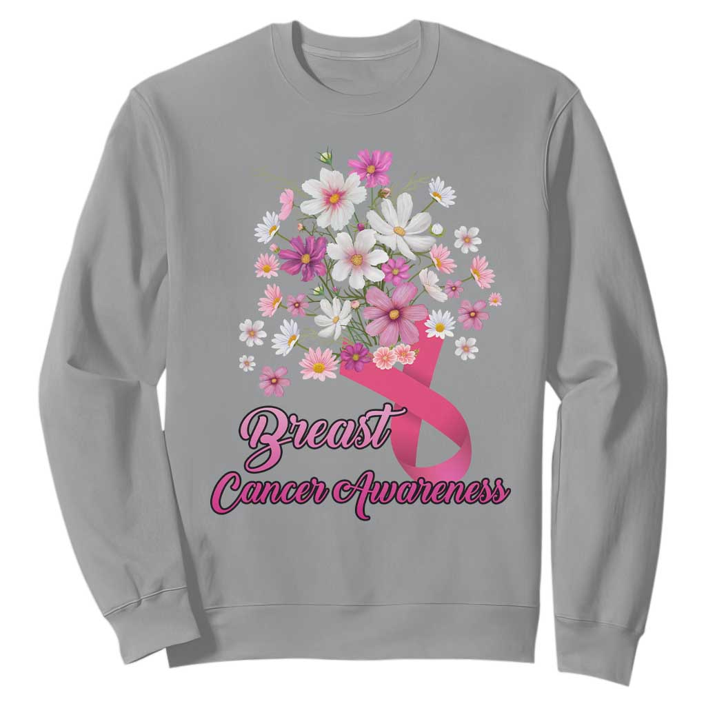 Breast Cancer Warrior Support Squad Sweatshirt Pink Ribbon Flower Bouquet