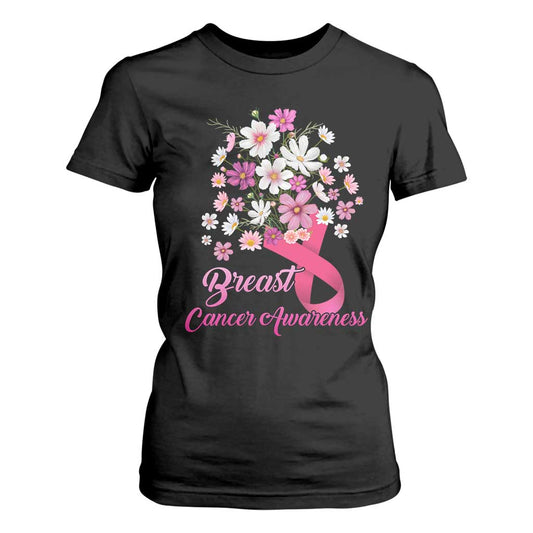 Breast Cancer Warrior Support Squad T Shirt For Women Pink Ribbon Flower Bouquet