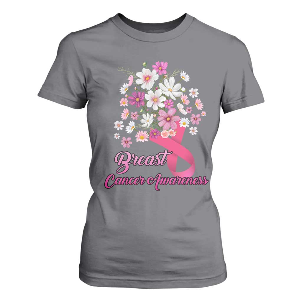 Breast Cancer Warrior Support Squad T Shirt For Women Pink Ribbon Flower Bouquet
