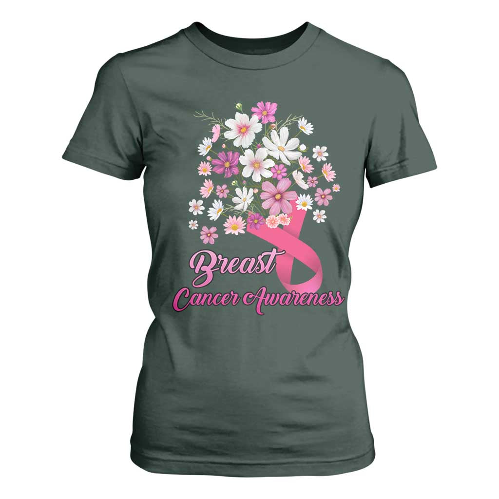 Breast Cancer Warrior Support Squad T Shirt For Women Pink Ribbon Flower Bouquet