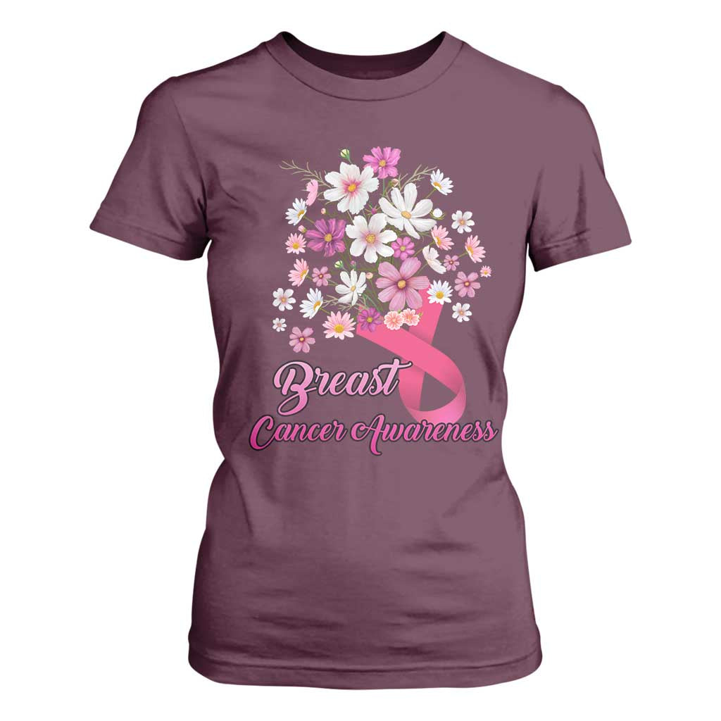 Breast Cancer Warrior Support Squad T Shirt For Women Pink Ribbon Flower Bouquet