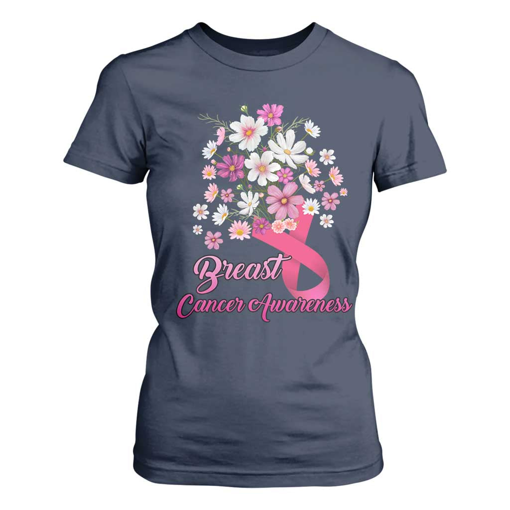 Breast Cancer Warrior Support Squad T Shirt For Women Pink Ribbon Flower Bouquet