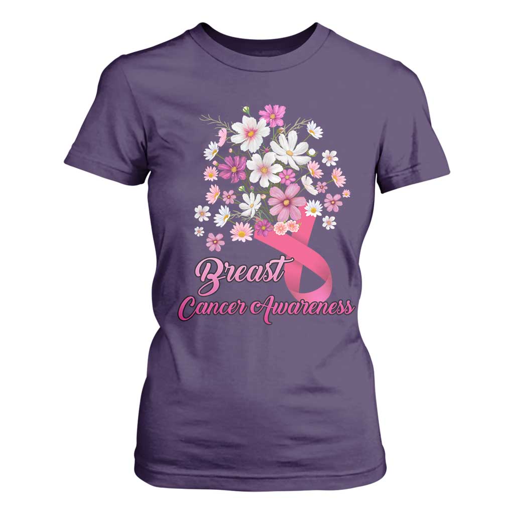 Breast Cancer Warrior Support Squad T Shirt For Women Pink Ribbon Flower Bouquet