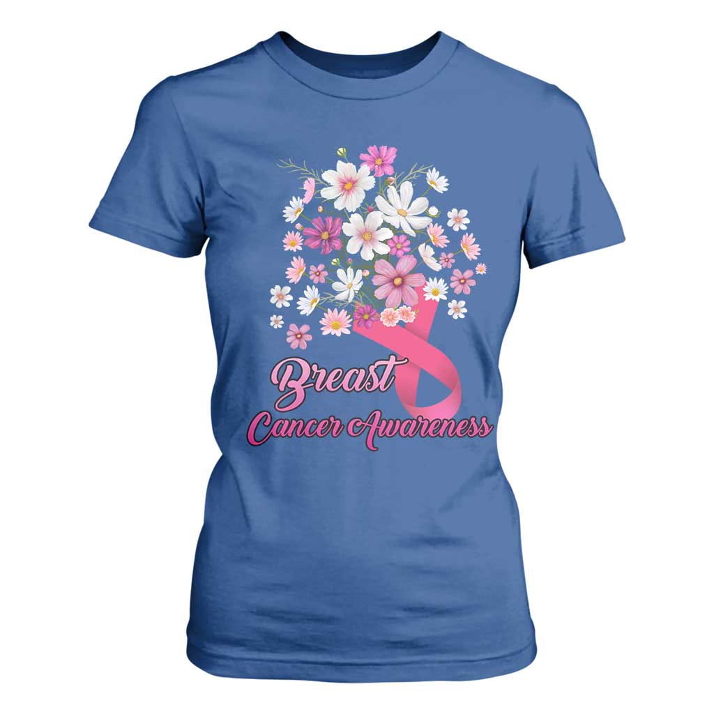 Breast Cancer Warrior Support Squad T Shirt For Women Pink Ribbon Flower Bouquet
