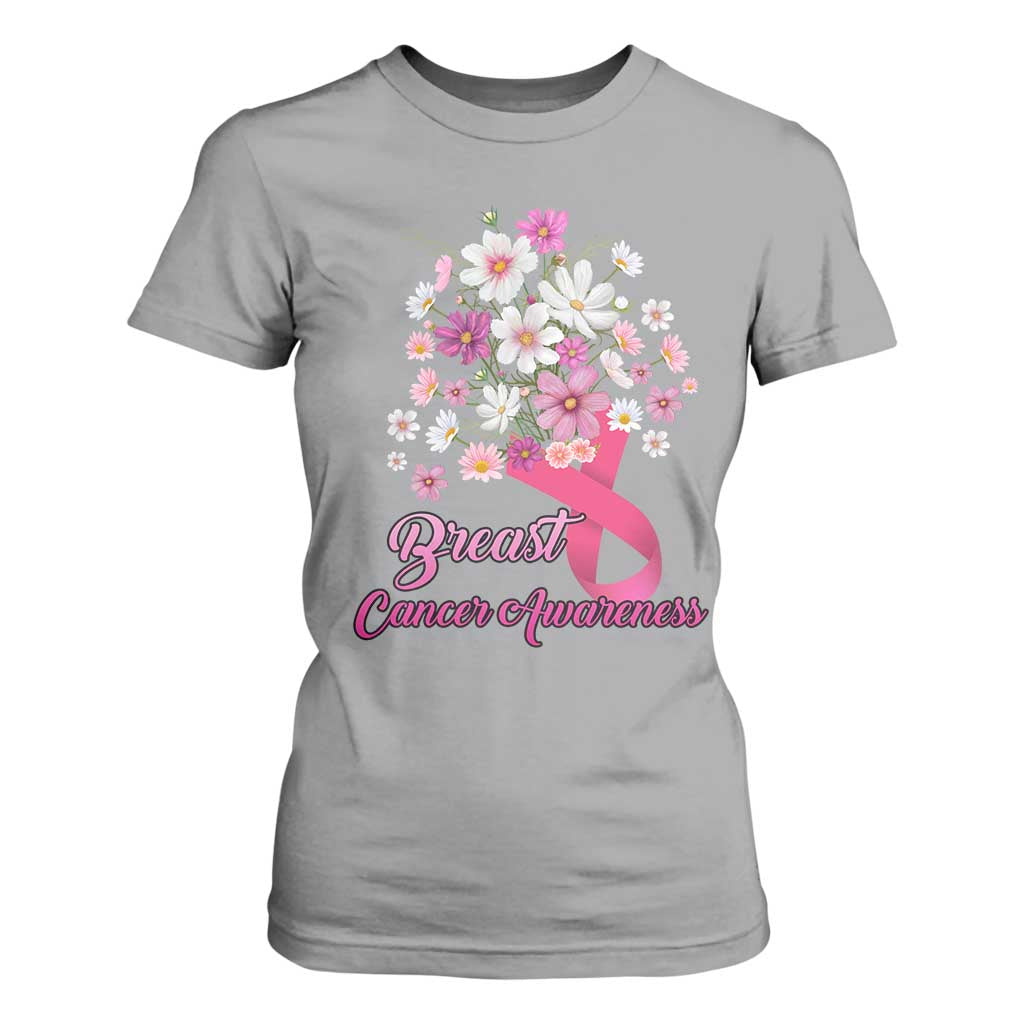 Breast Cancer Warrior Support Squad T Shirt For Women Pink Ribbon Flower Bouquet