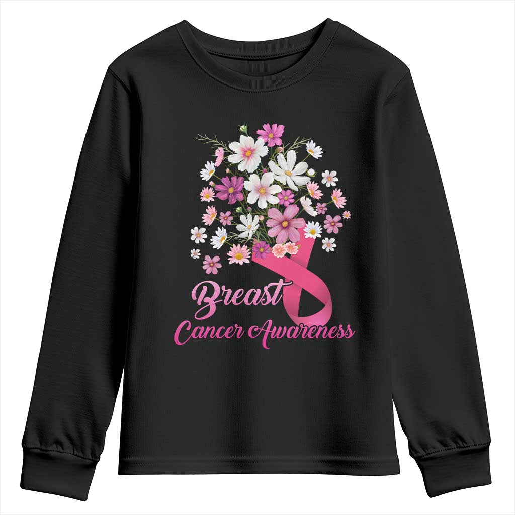 Breast Cancer Warrior Support Squad Youth Sweatshirt Pink Ribbon Flower Bouquet