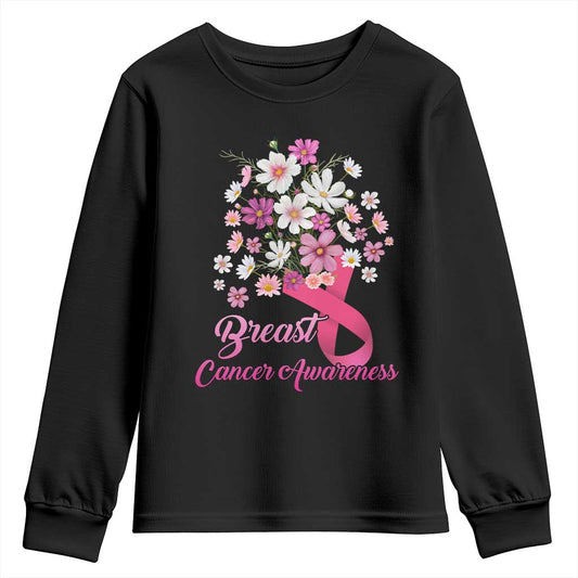 Breast Cancer Warrior Support Squad Youth Sweatshirt Pink Ribbon Flower Bouquet