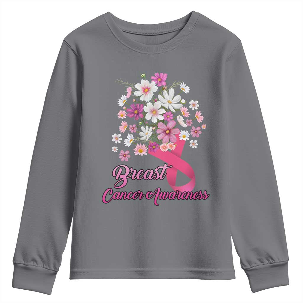 Breast Cancer Warrior Support Squad Youth Sweatshirt Pink Ribbon Flower Bouquet