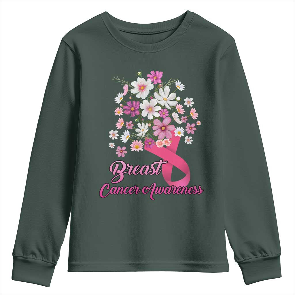 Breast Cancer Warrior Support Squad Youth Sweatshirt Pink Ribbon Flower Bouquet