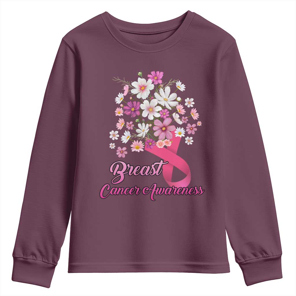 Breast Cancer Warrior Support Squad Youth Sweatshirt Pink Ribbon Flower Bouquet