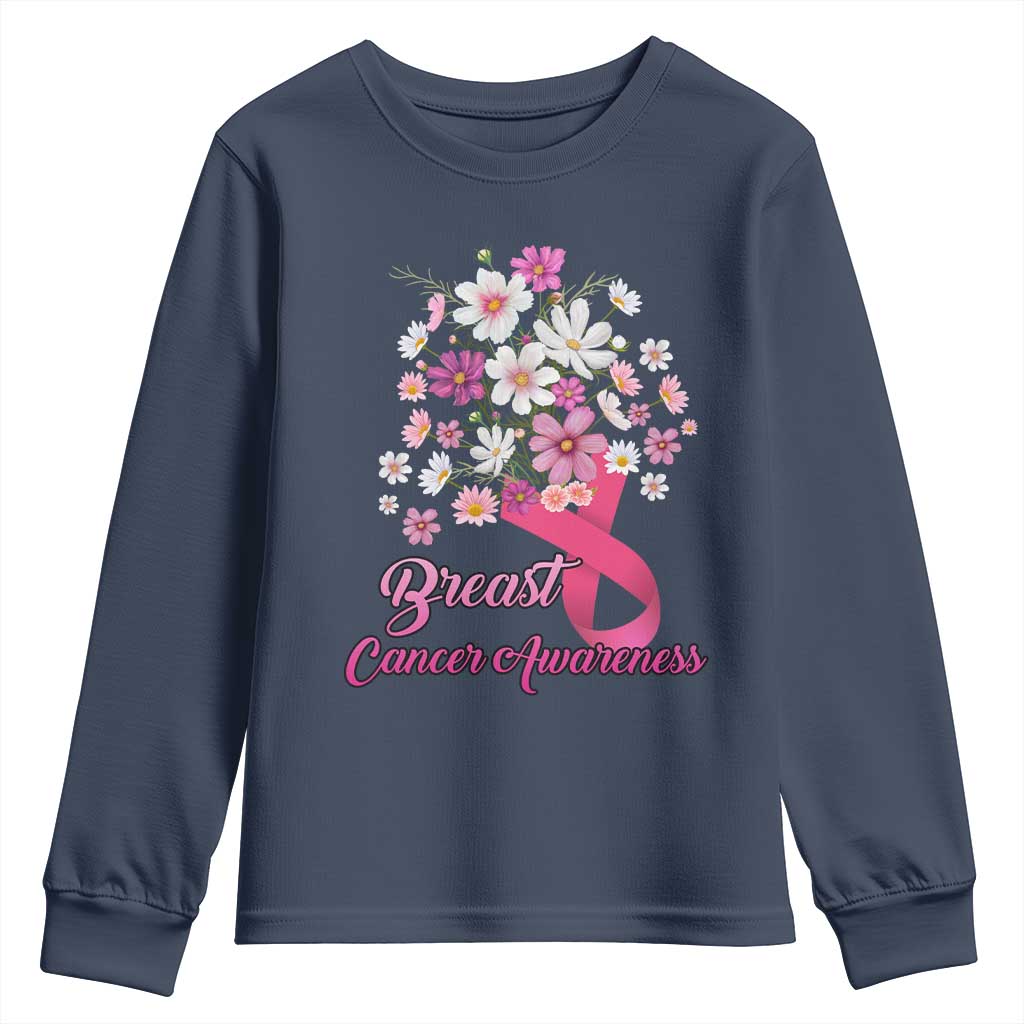 Breast Cancer Warrior Support Squad Youth Sweatshirt Pink Ribbon Flower Bouquet