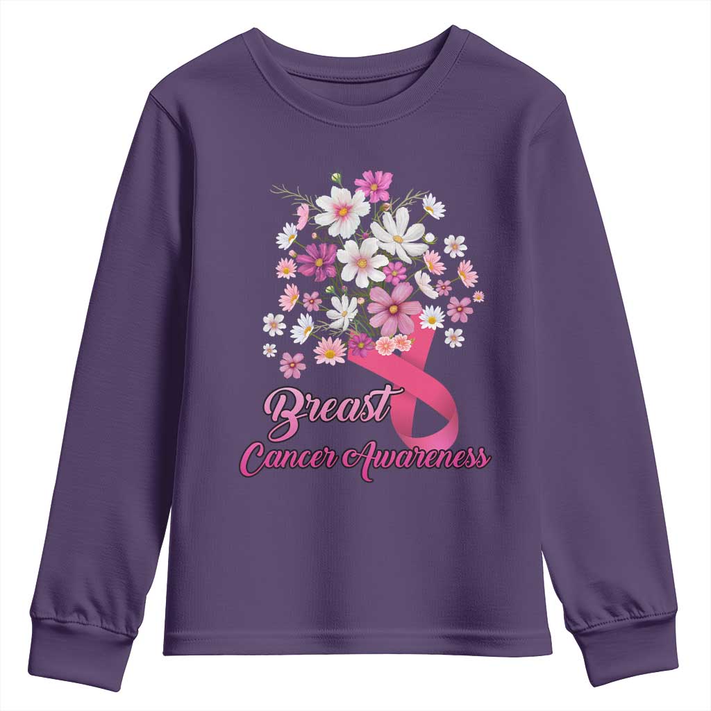 Breast Cancer Warrior Support Squad Youth Sweatshirt Pink Ribbon Flower Bouquet
