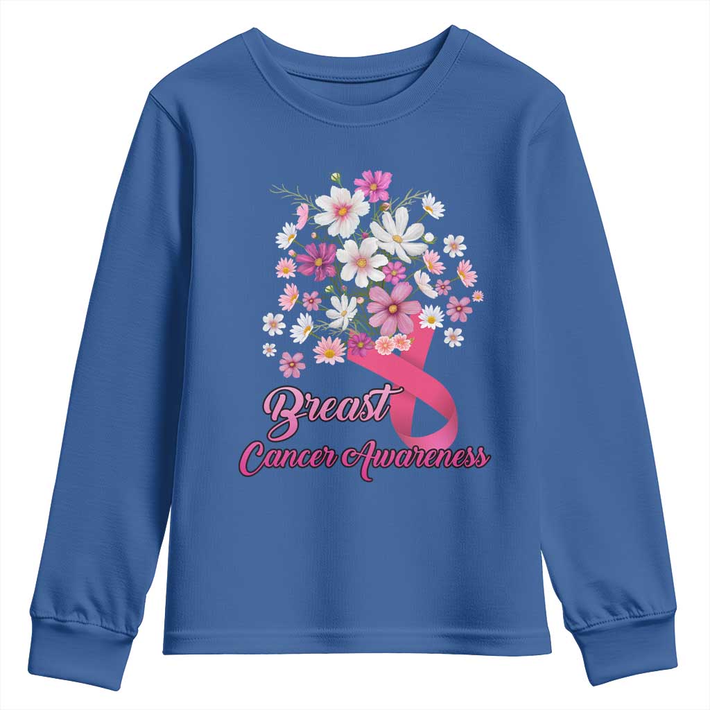 Breast Cancer Warrior Support Squad Youth Sweatshirt Pink Ribbon Flower Bouquet