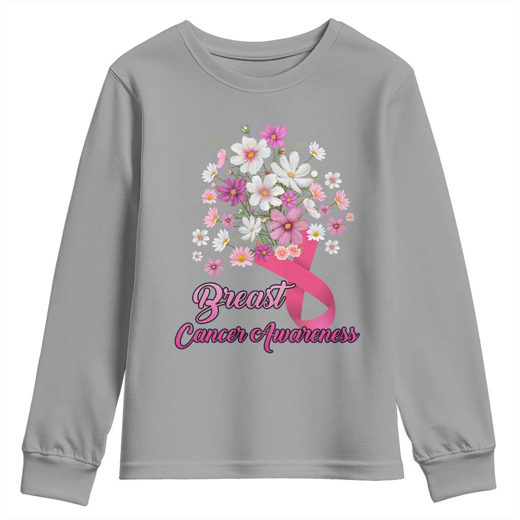 Breast Cancer Warrior Support Squad Youth Sweatshirt Pink Ribbon Flower Bouquet