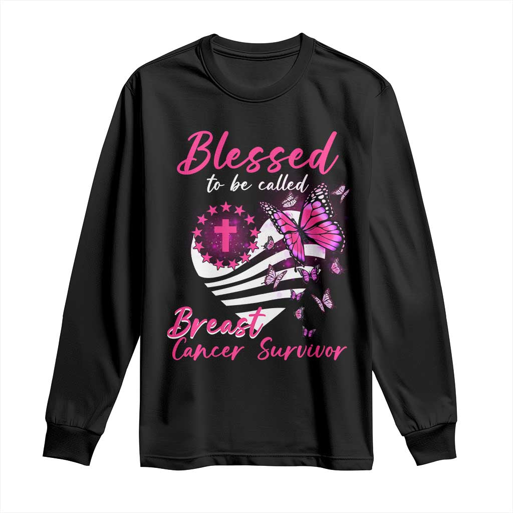 Blessed To Be Called Breast Cancer Survivor Long Sleeve Shirt Pink Butterfly Warrior Support Squad