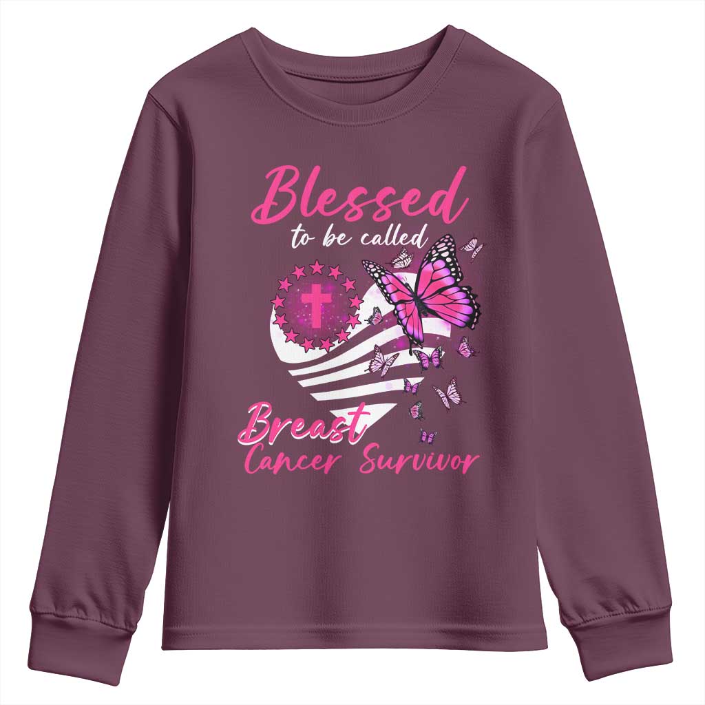 Blessed To Be Called Breast Cancer Survivor Youth Sweatshirt Pink Butterfly Warrior Support Squad