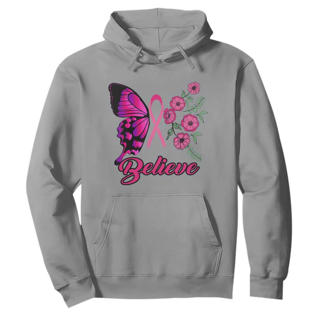 Breast Cancer Support Squad Hoodie Believe Butterfly Flower Pink Ribbon