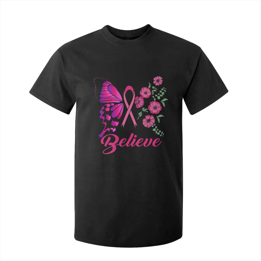 Breast Cancer Support Squad T Shirt For Kid Believe Butterfly Flower Pink Ribbon