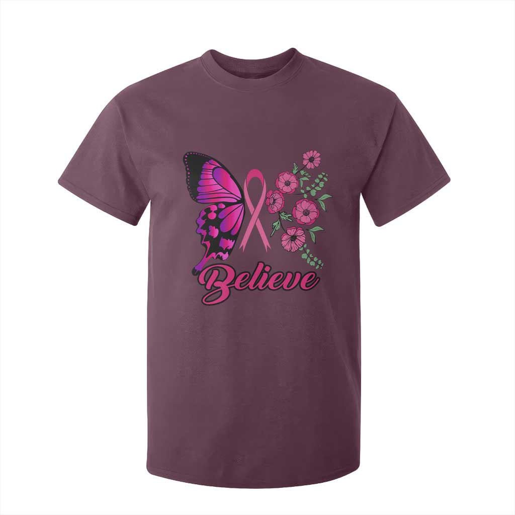 Breast Cancer Support Squad T Shirt For Kid Believe Butterfly Flower Pink Ribbon
