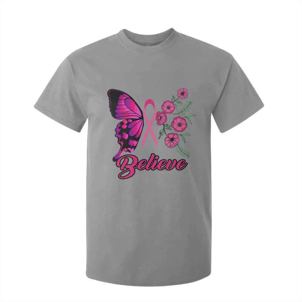 Breast Cancer Support Squad T Shirt For Kid Believe Butterfly Flower Pink Ribbon