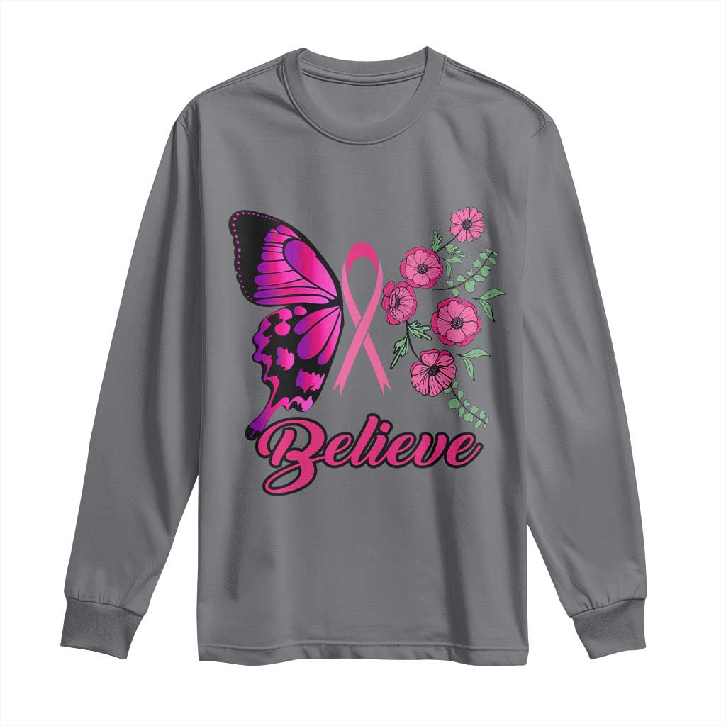 Breast Cancer Support Squad Long Sleeve Shirt Believe Butterfly Flower Pink Ribbon