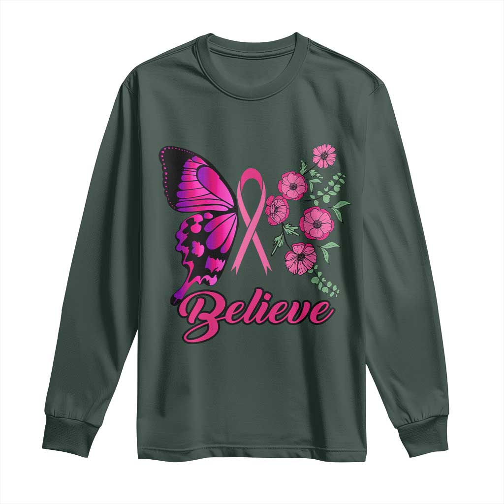 Breast Cancer Support Squad Long Sleeve Shirt Believe Butterfly Flower Pink Ribbon