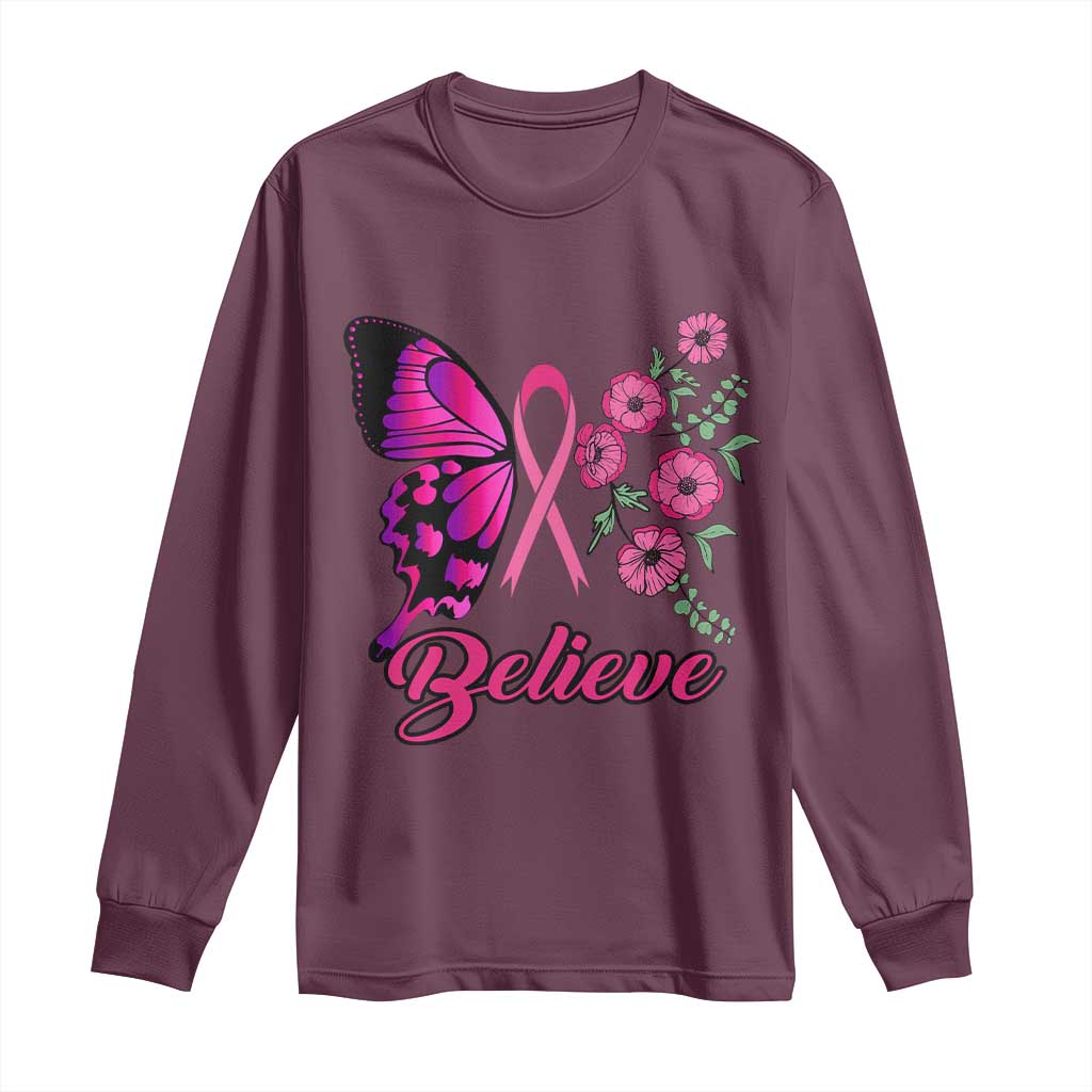 Breast Cancer Support Squad Long Sleeve Shirt Believe Butterfly Flower Pink Ribbon