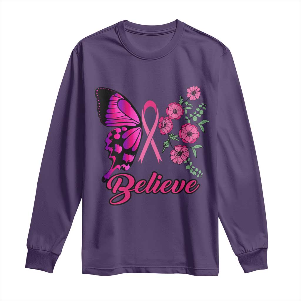 Breast Cancer Support Squad Long Sleeve Shirt Believe Butterfly Flower Pink Ribbon