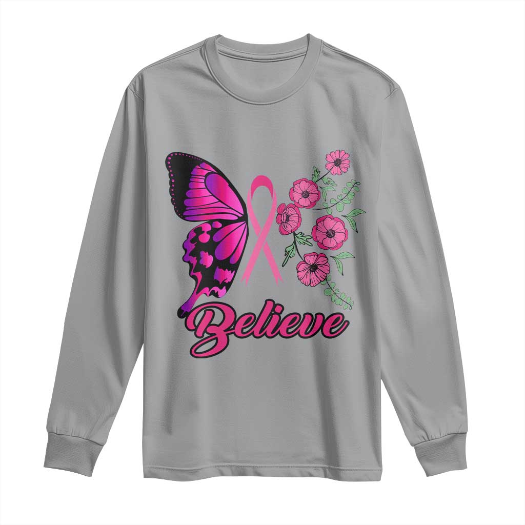 Breast Cancer Support Squad Long Sleeve Shirt Believe Butterfly Flower Pink Ribbon
